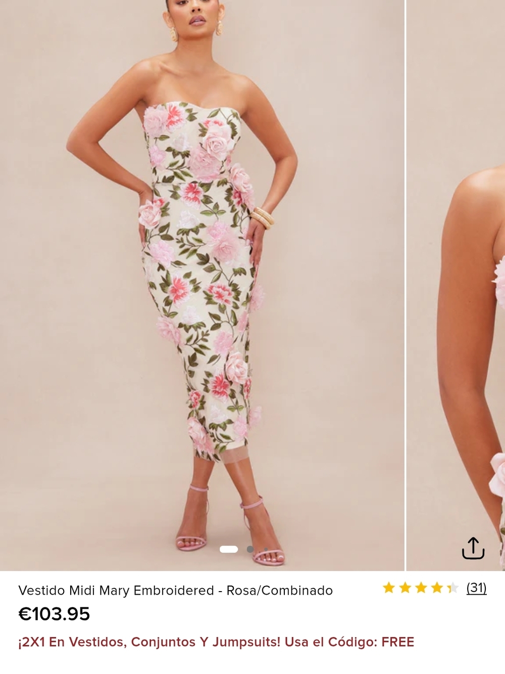 Fashion Nova Cream Strapless Floral Embroidered Midi Dress with Pink Accents